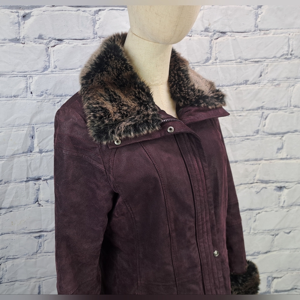 Danier Women's Leather Jacket Winter Coat with Fur Trim Purple Zip Cuffs Small - Picture 5 of 16
